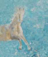 Peinture cheval blanc sur fond bleu